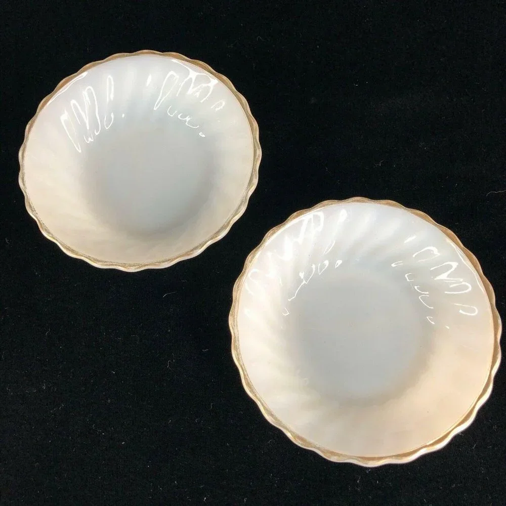 Fire King 3 Creamer 1 Sugar Bowl 2 Berry Set White Gold Swirl‎ Anchor Hocking